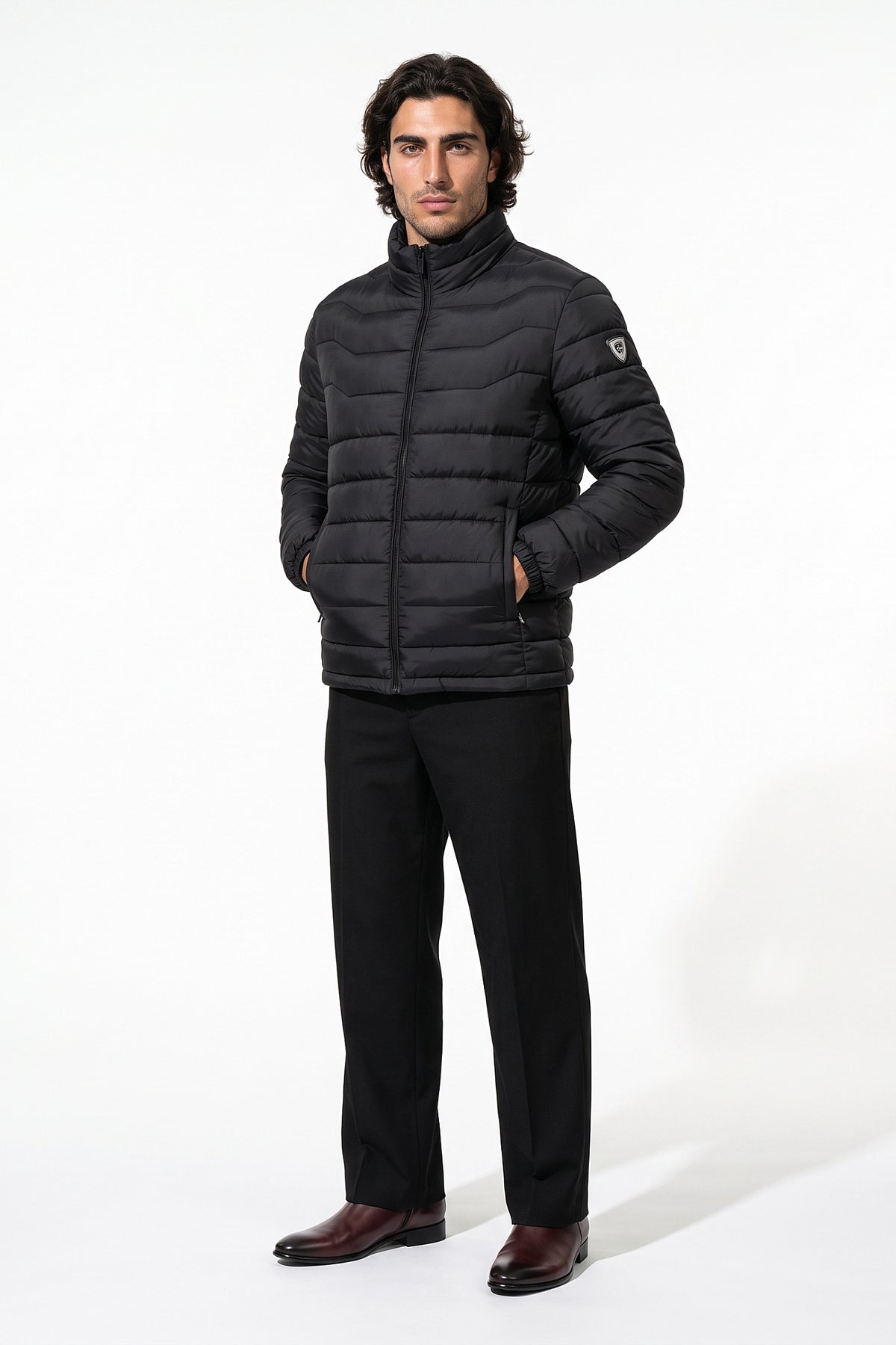 Men’s Winter Warm Stand Collar Puffer Jacket with Zip Pockets