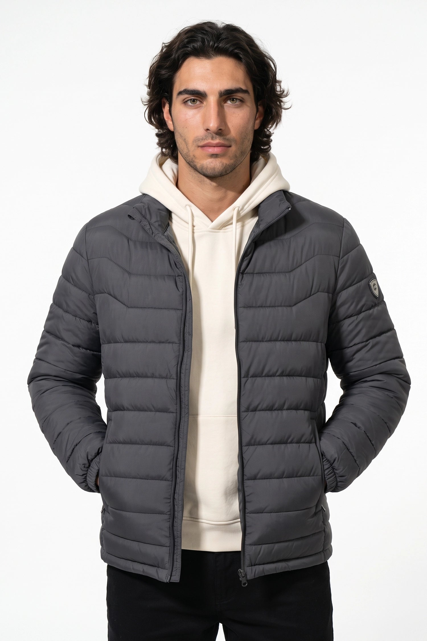 Men’s Winter Warm Stand Collar Puffer Jacket with Zip Pockets