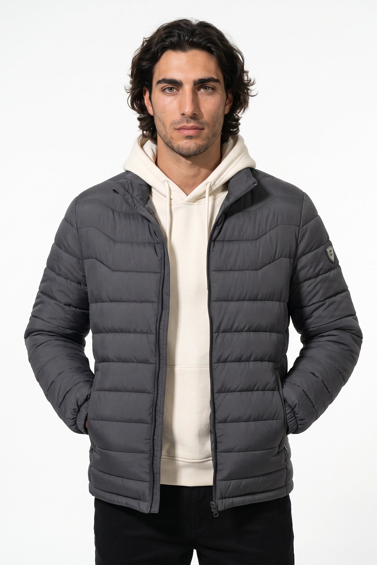 Men’s Winter Warm Stand Collar Puffer Jacket with Zip Pockets