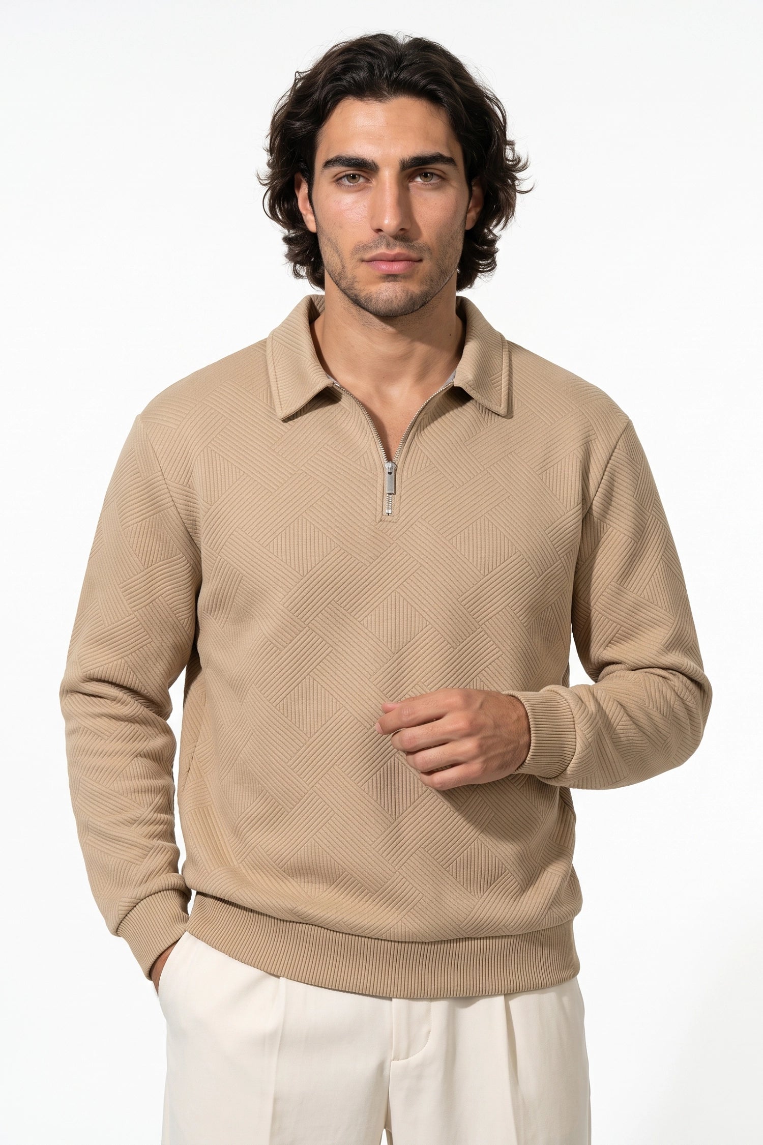 Men's Winter Comfortable Textured Knit Polo Jumper Quarter Zip