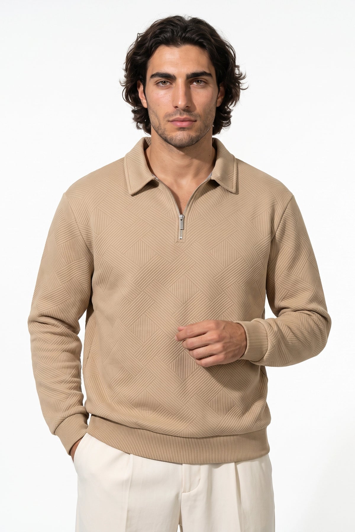 Men's Winter Comfortable Textured Knit Polo Jumper Quarter Zip
