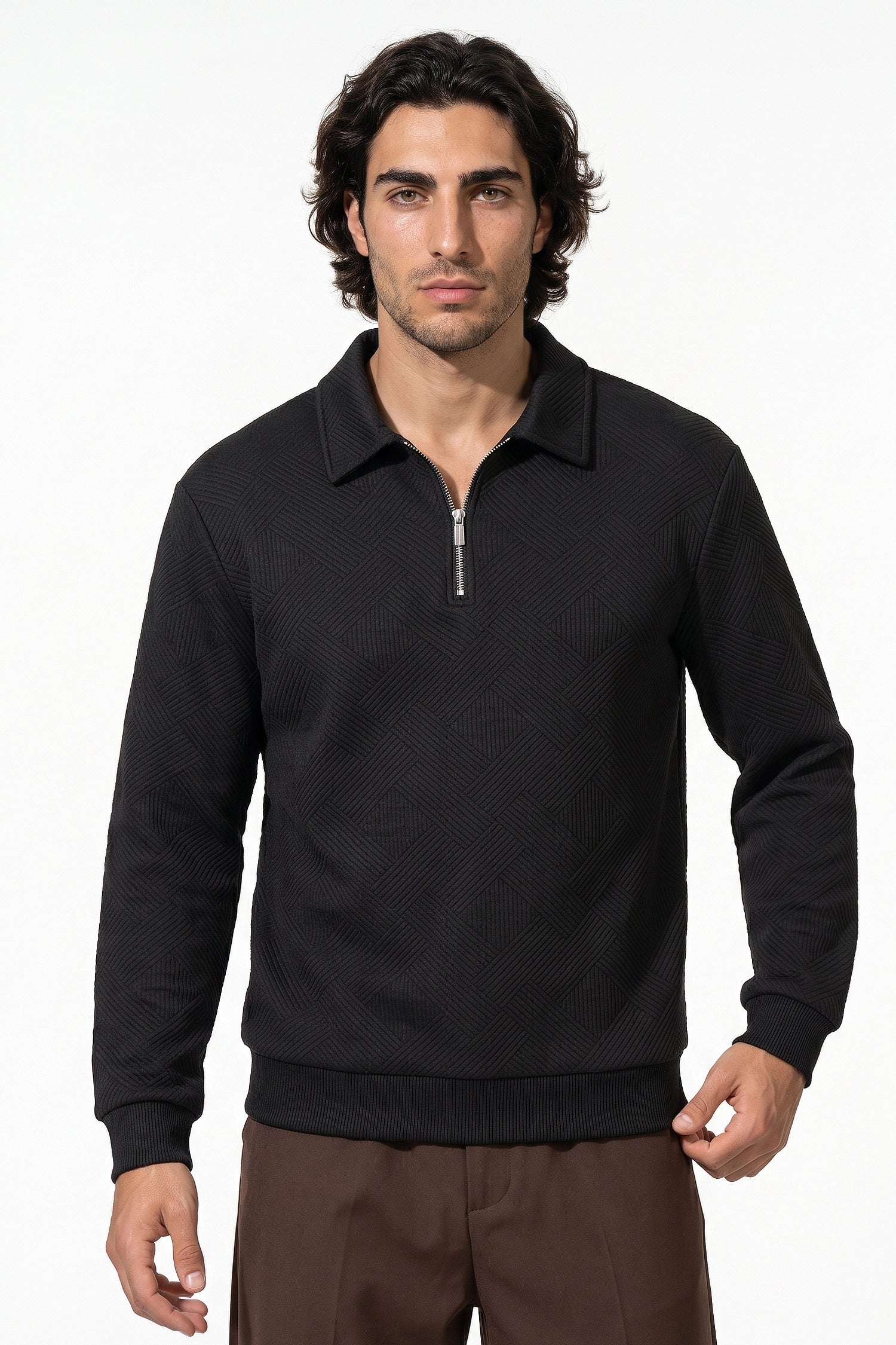 Men's Winter Comfortable Textured Knit Polo Jumper Quarter Zip