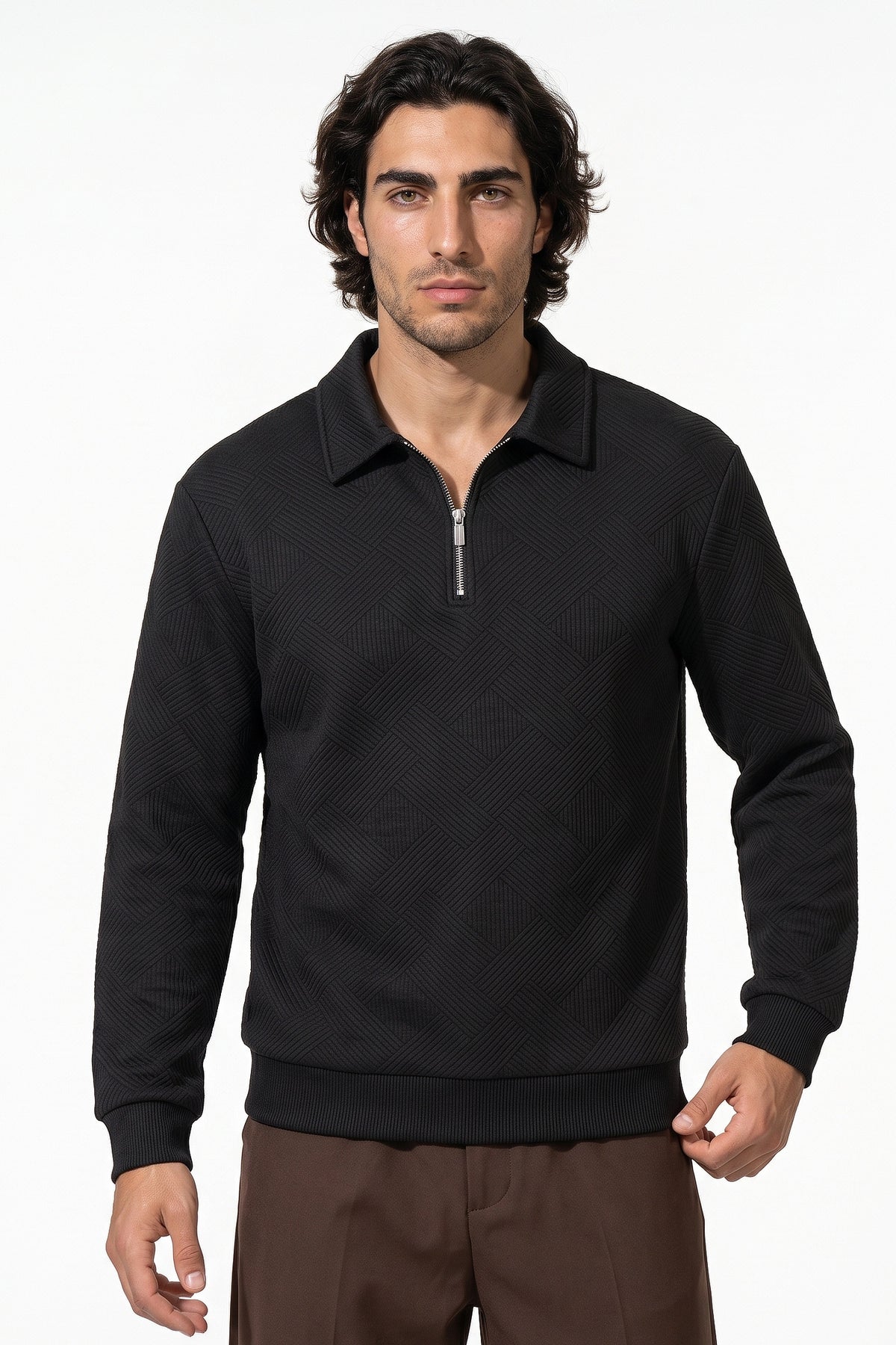 Men's Winter Comfortable Textured Knit Polo Jumper Quarter Zip