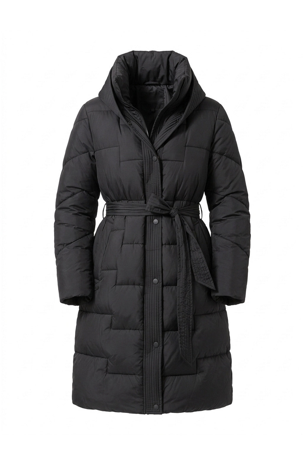 Women's Winter Warm Longline Puffer Coat with Hood and Waist Belt