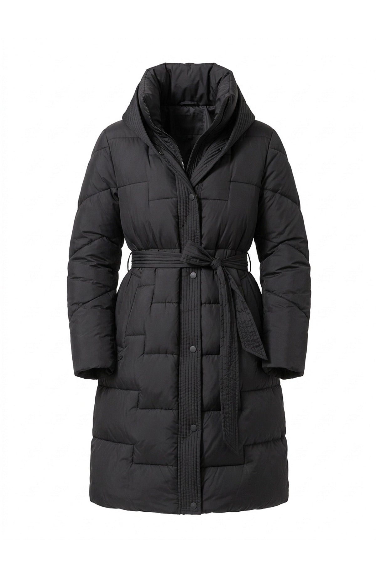 Women's Winter Warm Longline Puffer Coat with Hood and Waist Belt