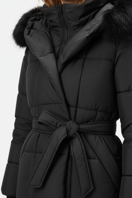 Caurelle | Women’s Black Long Belted Faux Fur Puffer Coat