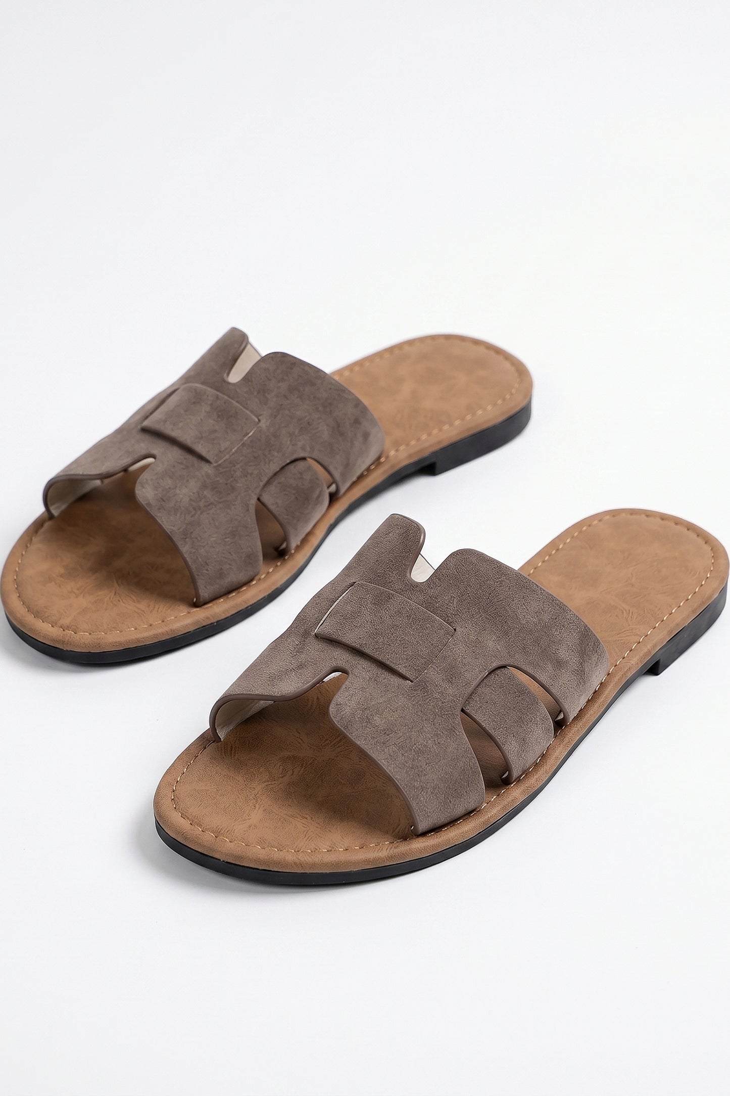 Women's H Strap Flat Sandals Taupe Slip On Summer Sandals