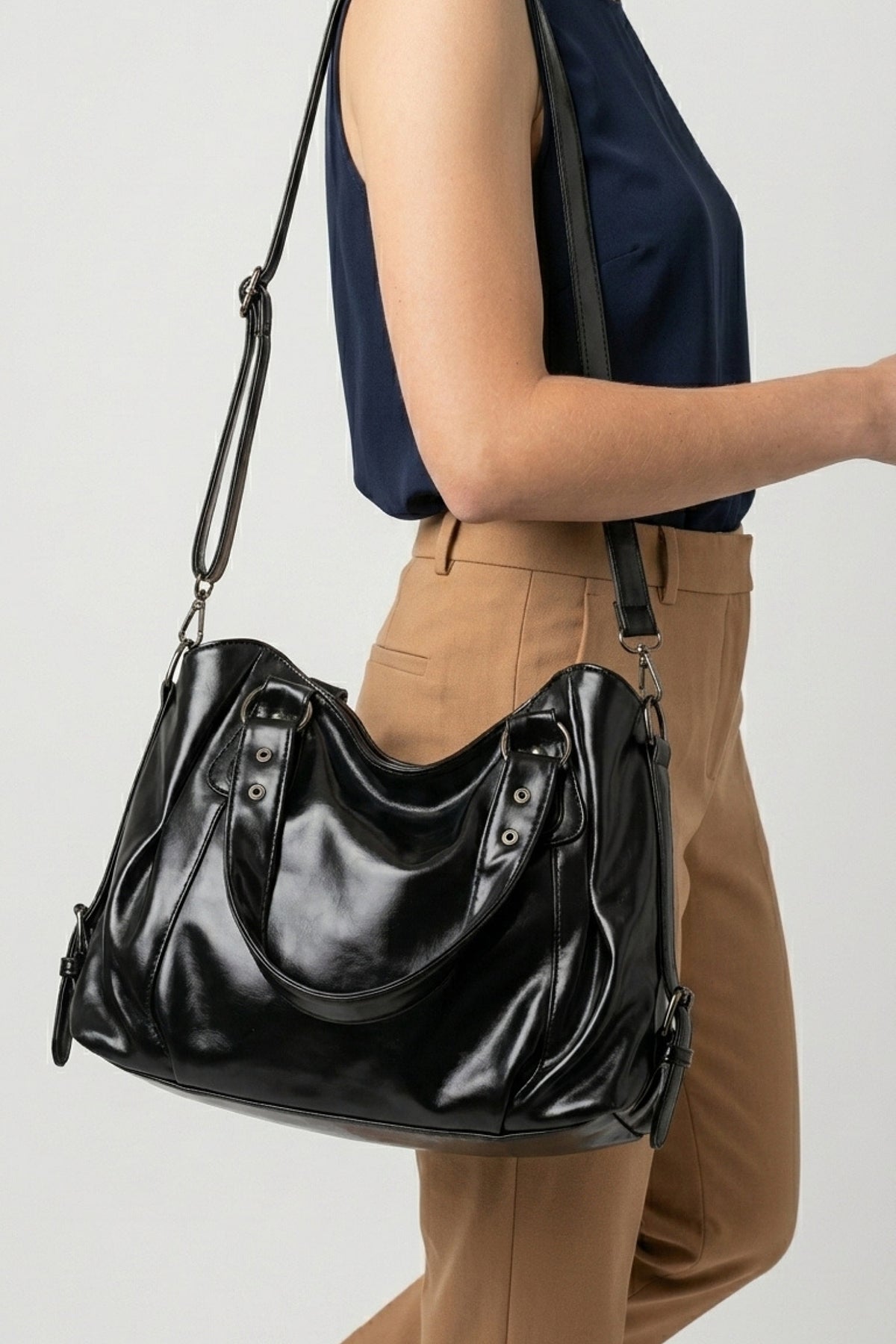 Women's Large Capacity Leather Shoulder Bag with Buckle Handle