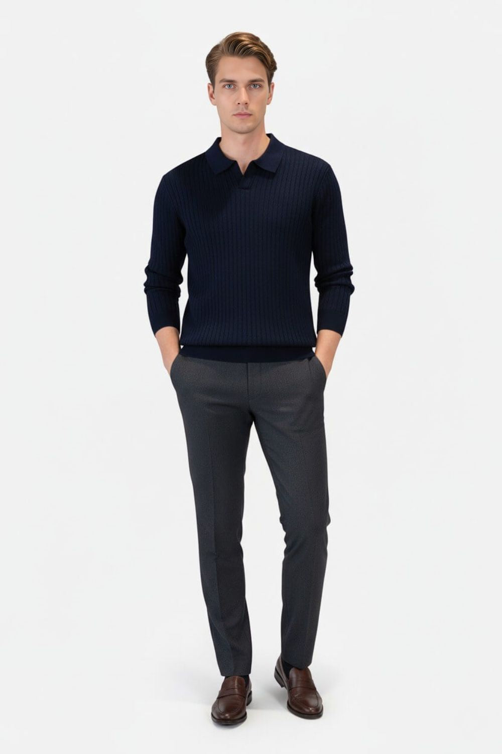 Caurelle | Men’s Knitted V-Neck Jumper – Polo Collar Autumn Winter