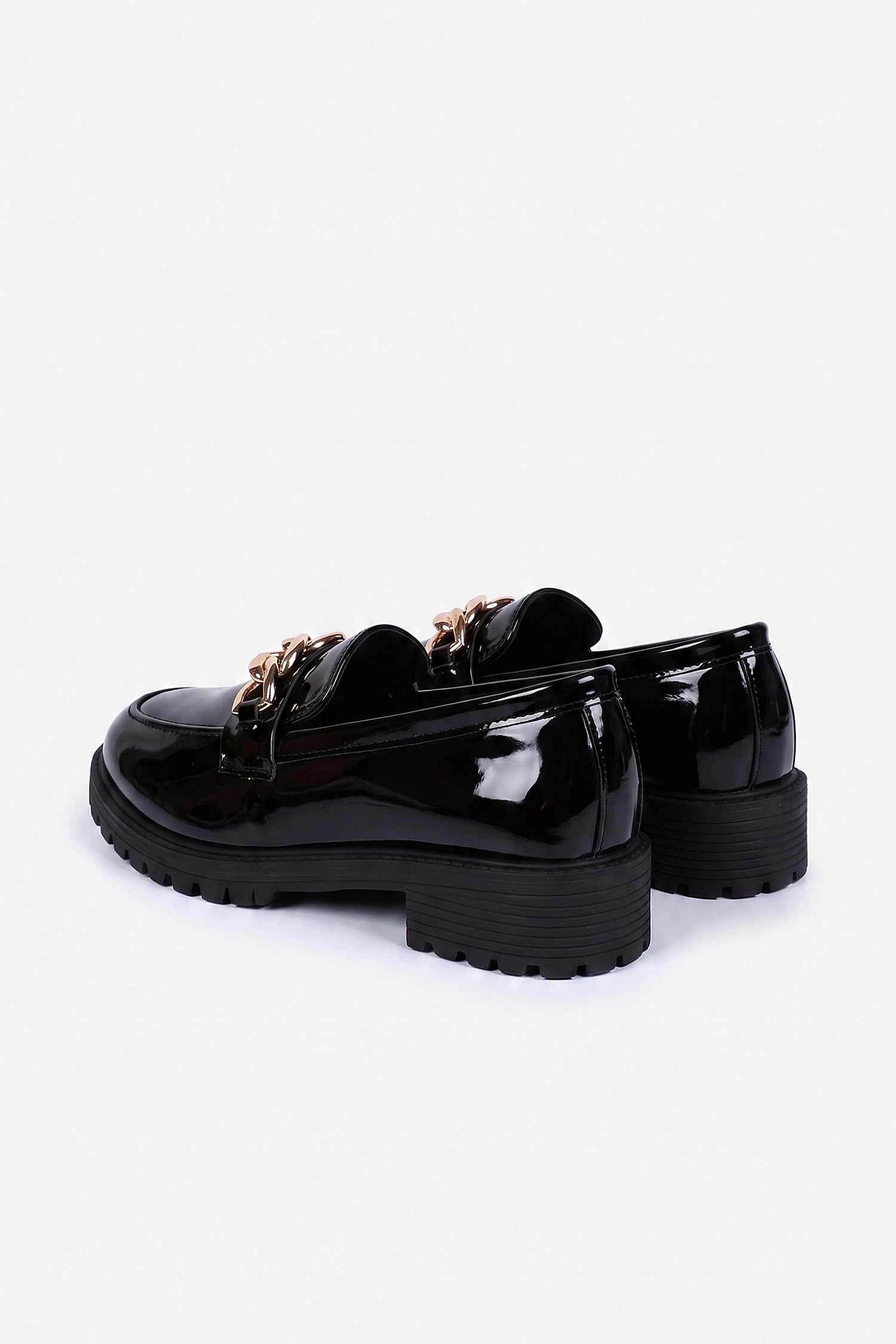 Women's Versatile Black Chunky Loafers Patent Leather with Gold Chain