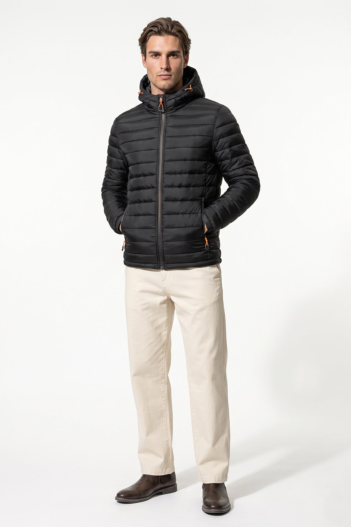 Men’s Winter Warm Hooded Puffer Jacket with Full Zip and Zip Pockets