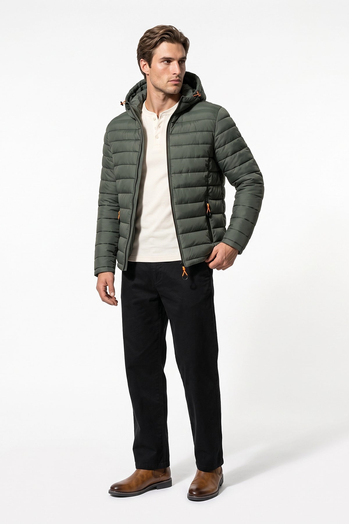 Men’s Winter Warm Hooded Puffer Jacket with Full Zip and Zip Pockets