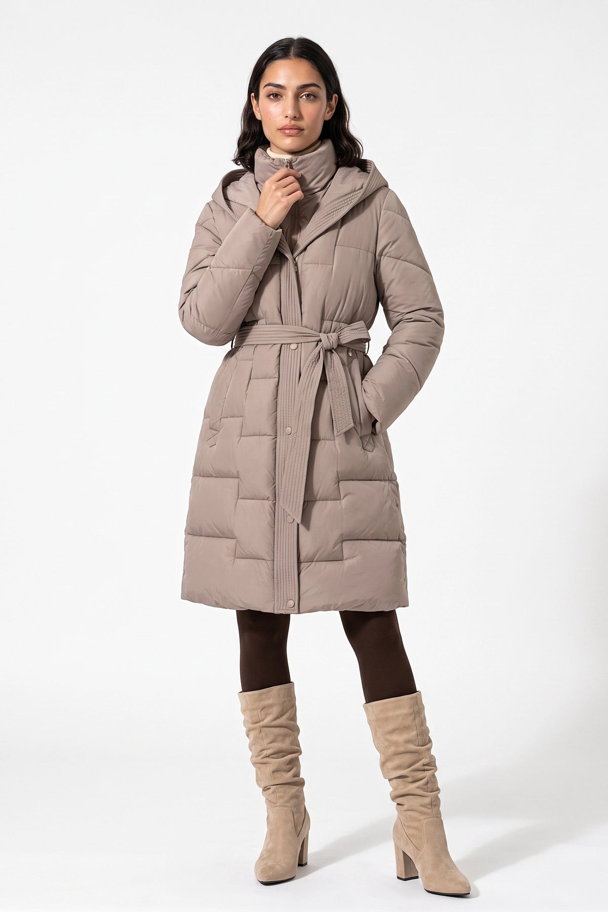 Women's Winter Warm Longline Puffer Coat with Hood and Waist Belt