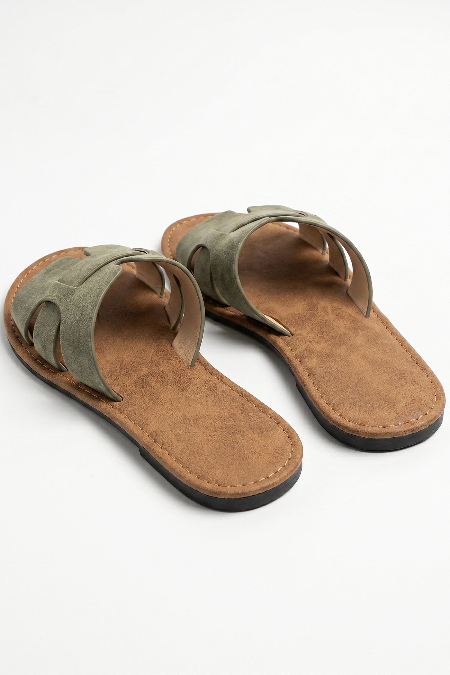 Women's H Strap Flat Sandals Taupe Slip On Summer Sandals