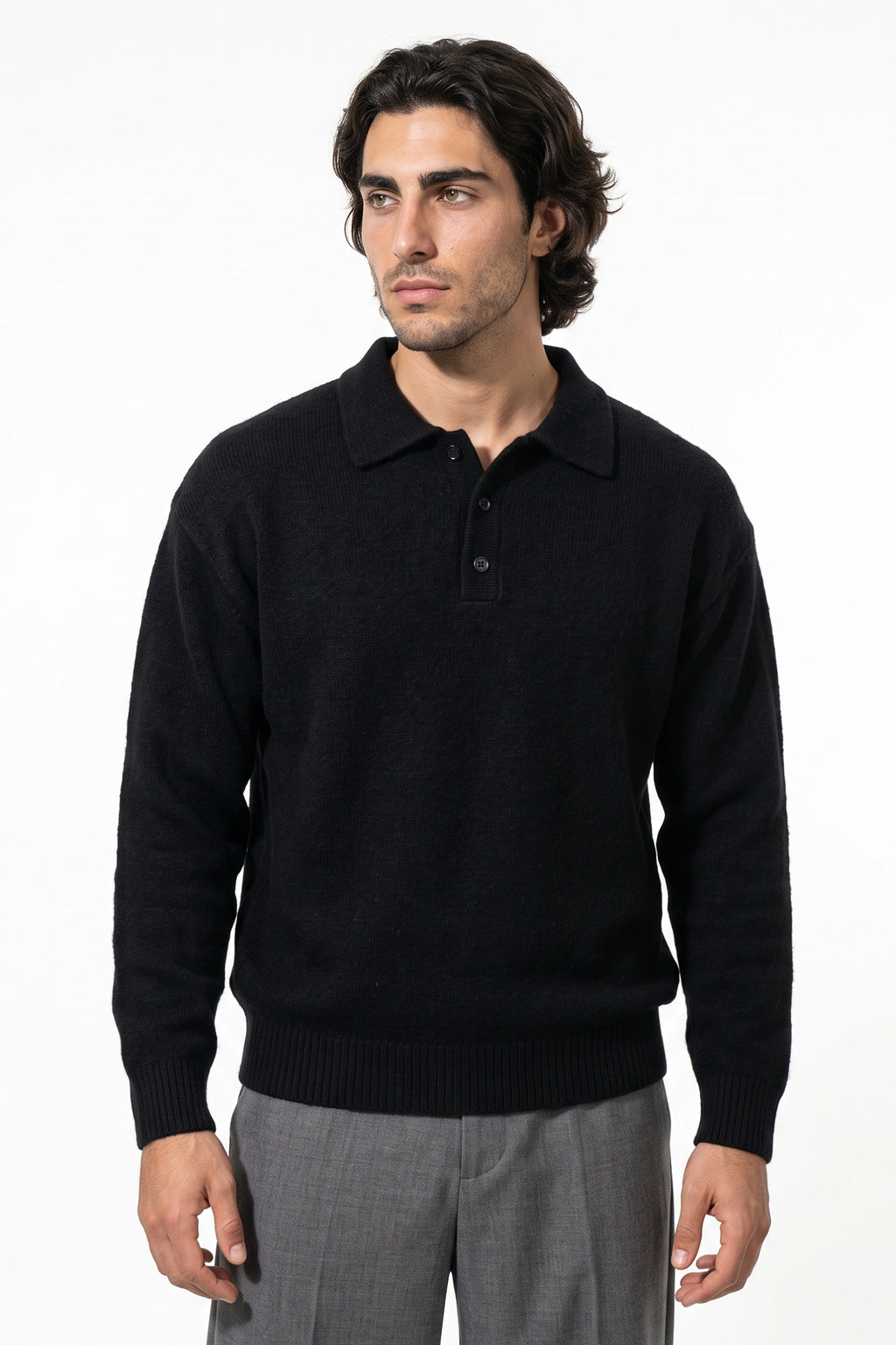 Men’s Winter Cosy Textured Knit Polo Jumper Relaxed Fit