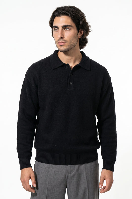 Men’s Winter Cosy Textured Knit Polo Jumper Relaxed Fit