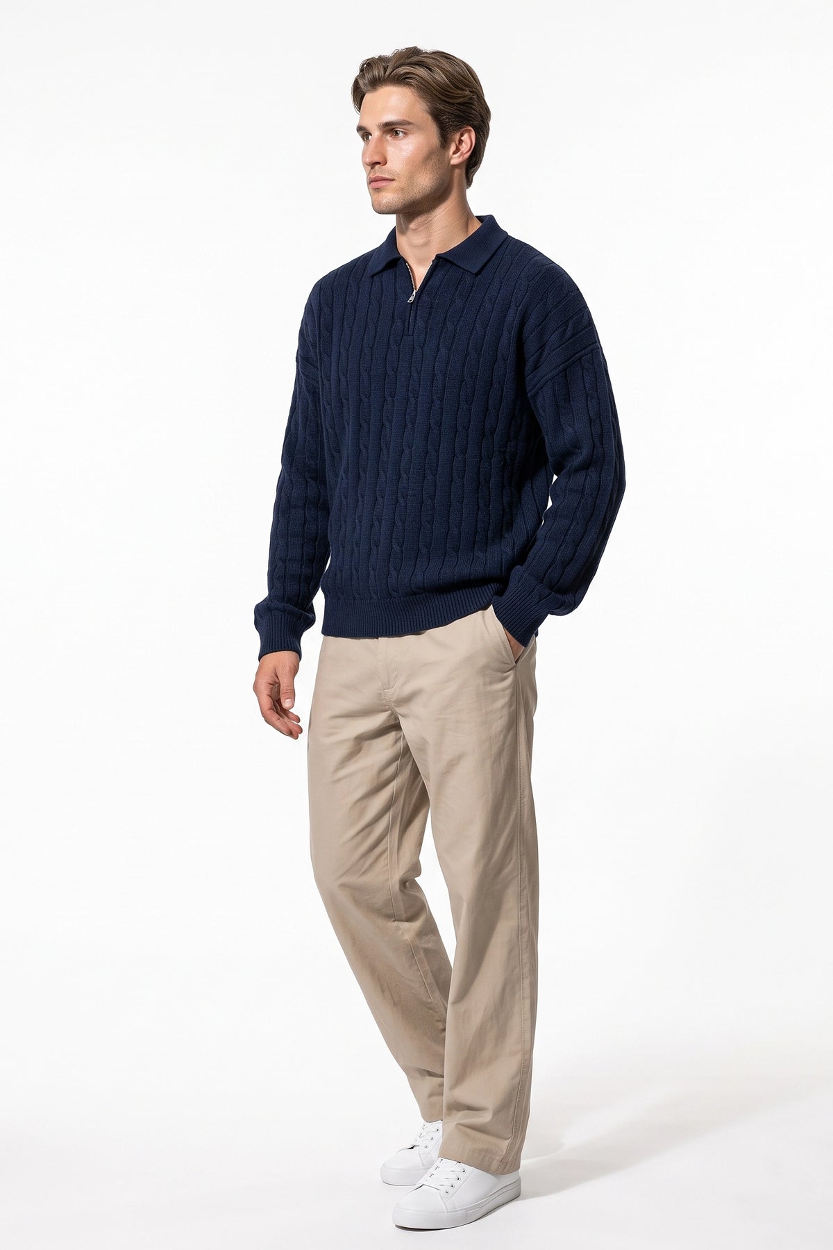 Men's Winter Warm Cable Knit Quarter Zip Polo Jumper