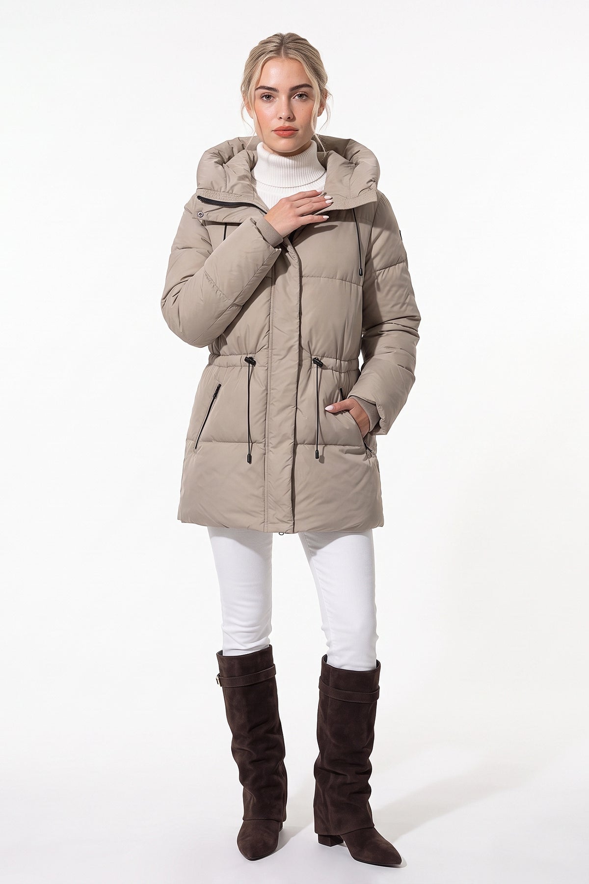 Women’s Winter Warm Hooded Long Puffer Jacket with Adjustable Waist