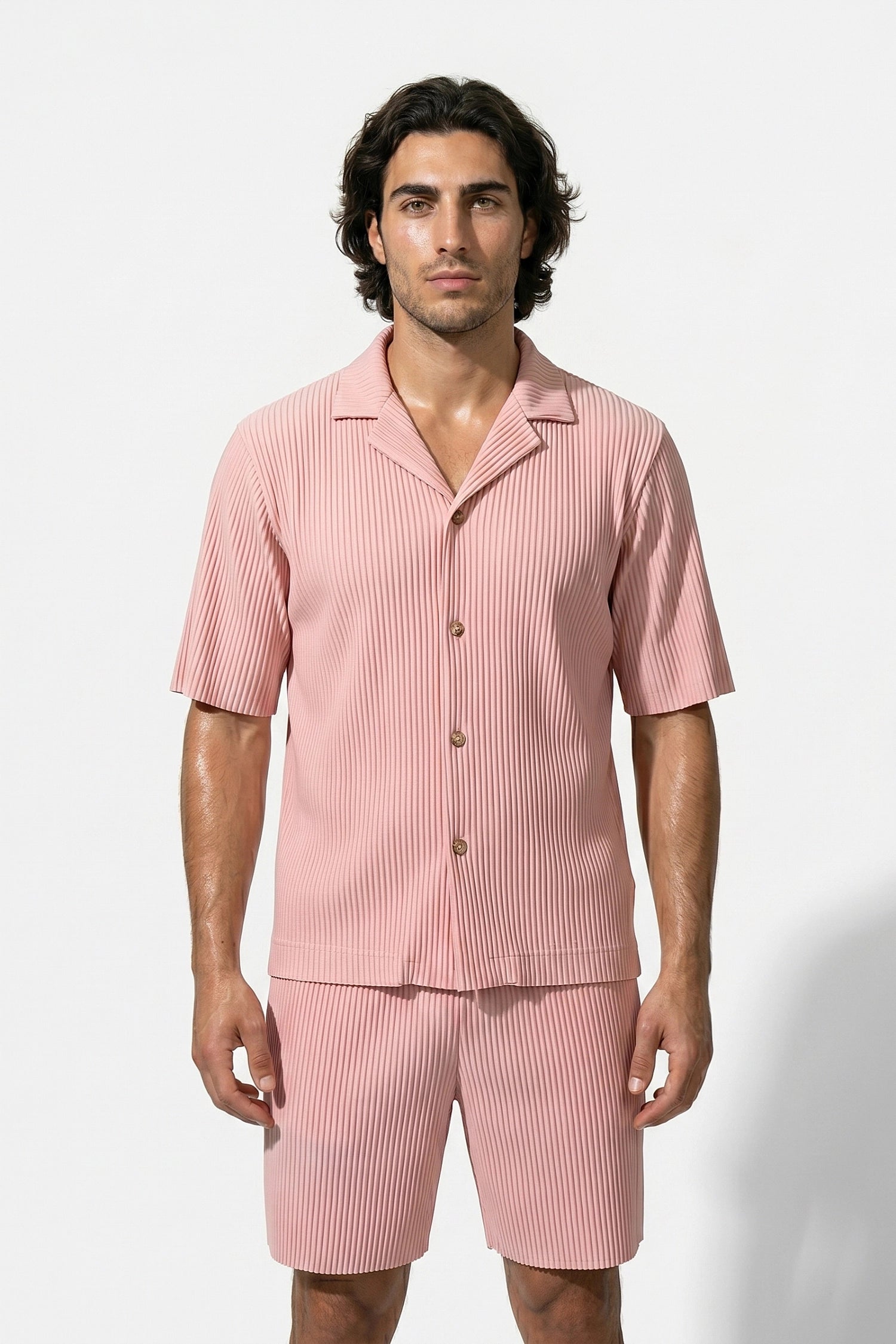 Men's Ribbed Knit Resort Shirt and Shorts set with Camp Collar