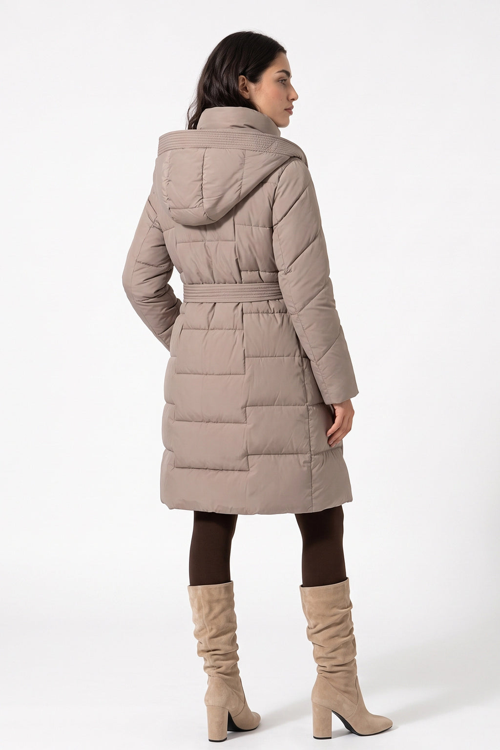 Women's Winter Warm Longline Puffer Coat with Hood and Waist Belt