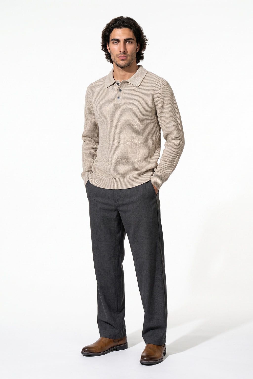 Men's Winter Warm Ribbed Knitted Polo Jumper with Button Neck