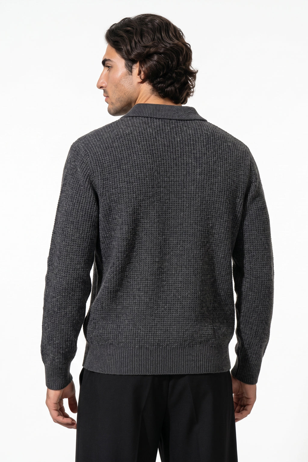 Men's Winter Warm Ribbed Knitted Polo Jumper with Button Neck