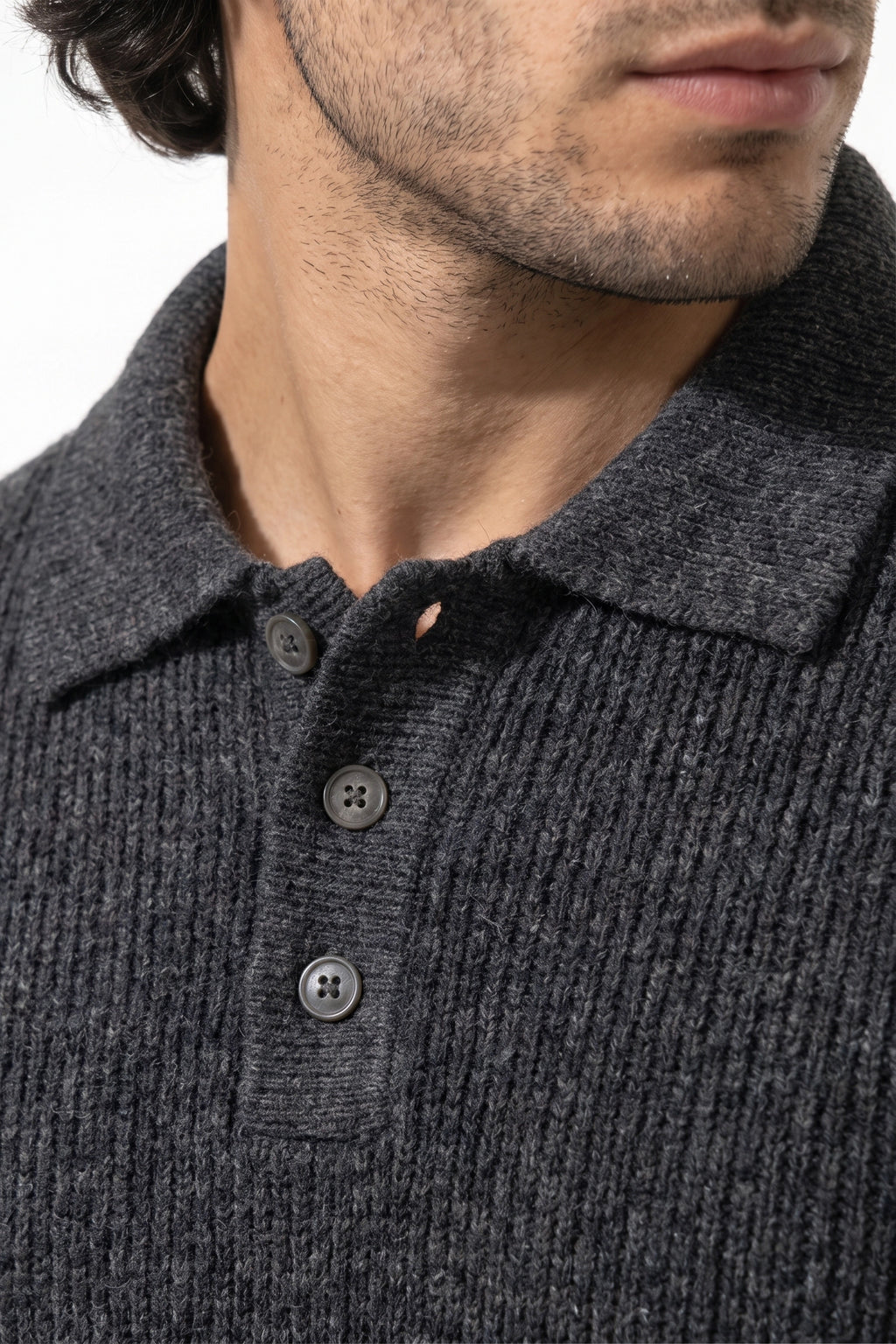 Men's Winter Warm Ribbed Knitted Polo Jumper with Button Neck