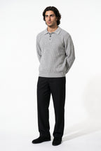 Men's Winter Warm Ribbed Knitted Polo Jumper with Button Neck