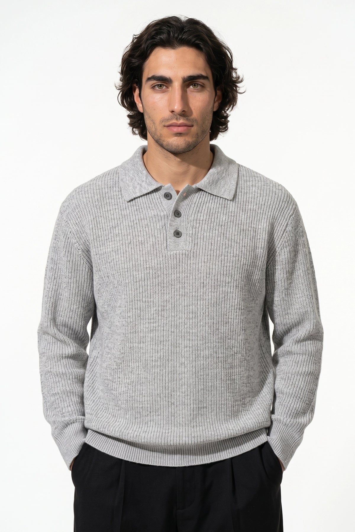 Men's Winter Warm Ribbed Knitted Polo Jumper with Button Neck