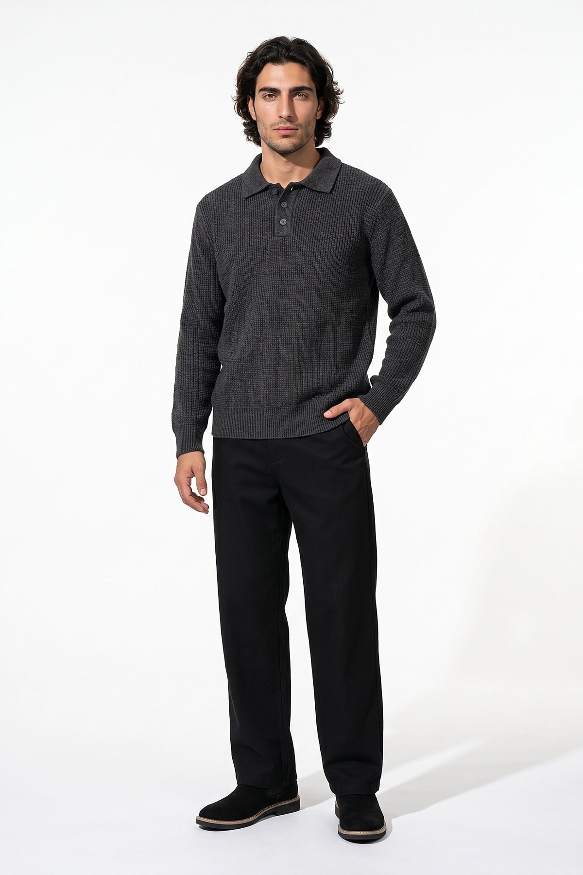 Men's Winter Warm Ribbed Knitted Polo Jumper with Button Neck