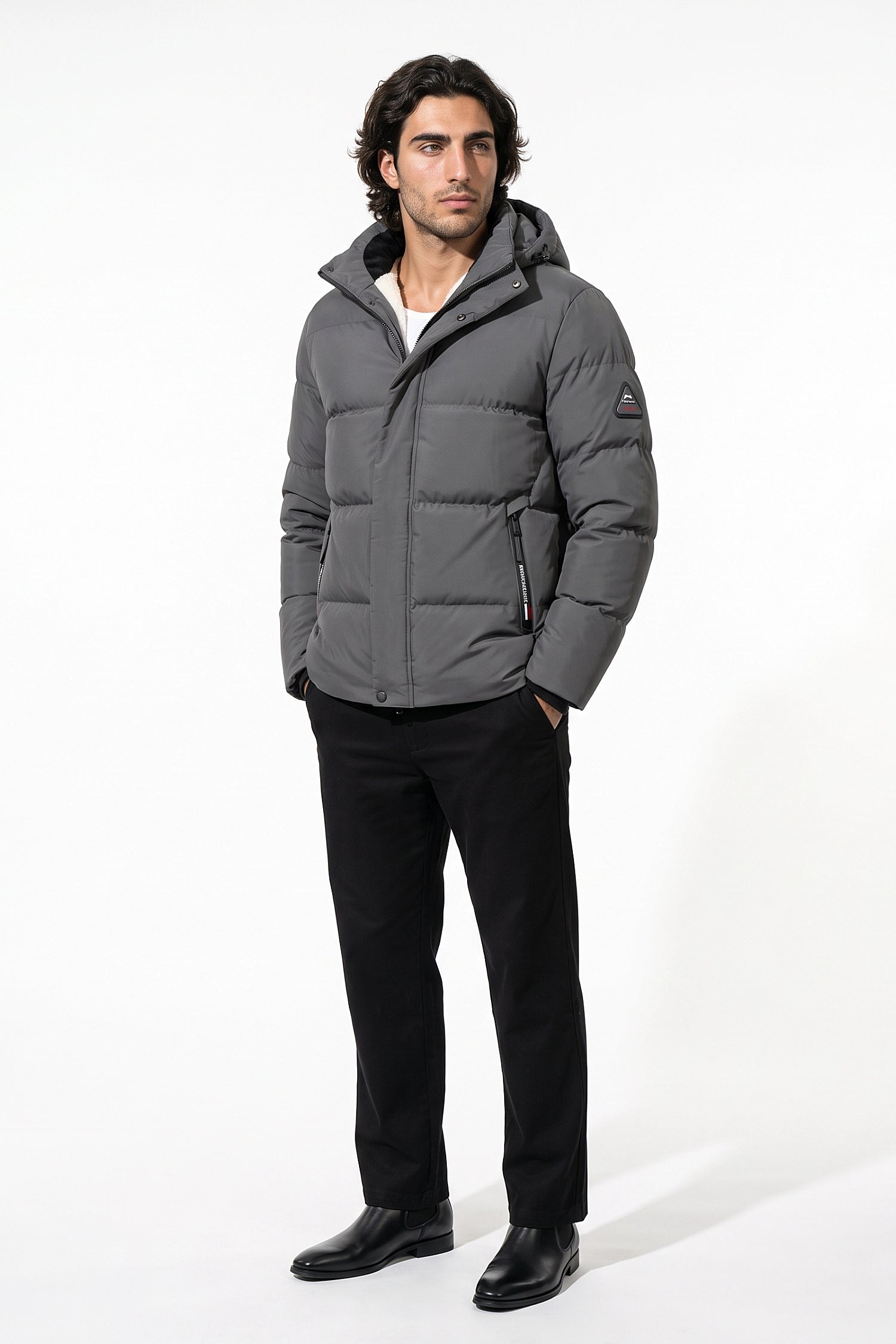Men’s Winter Warm Grey Fleece Lined Puffer Jacket with Hood
