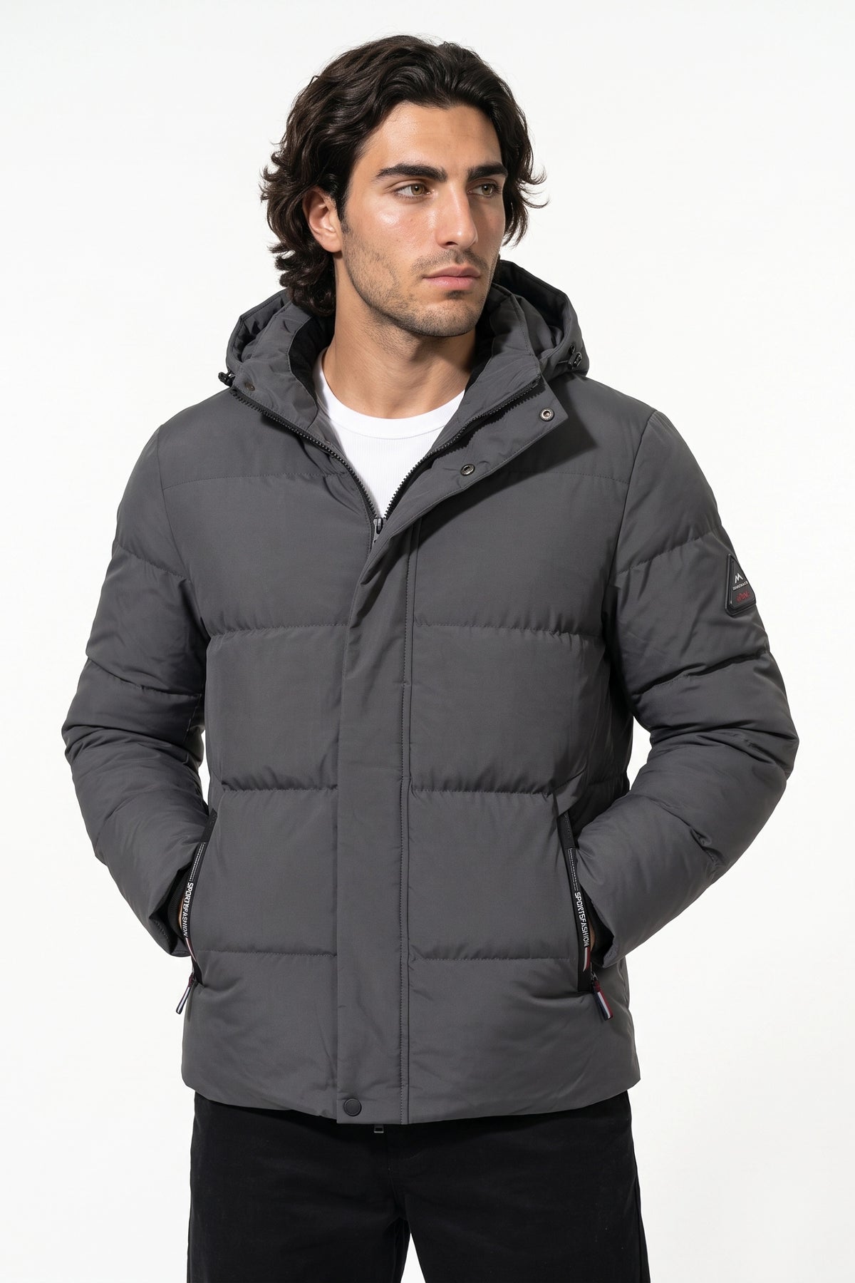 Men’s Winter Warm Grey Fleece Lined Puffer Jacket with Hood