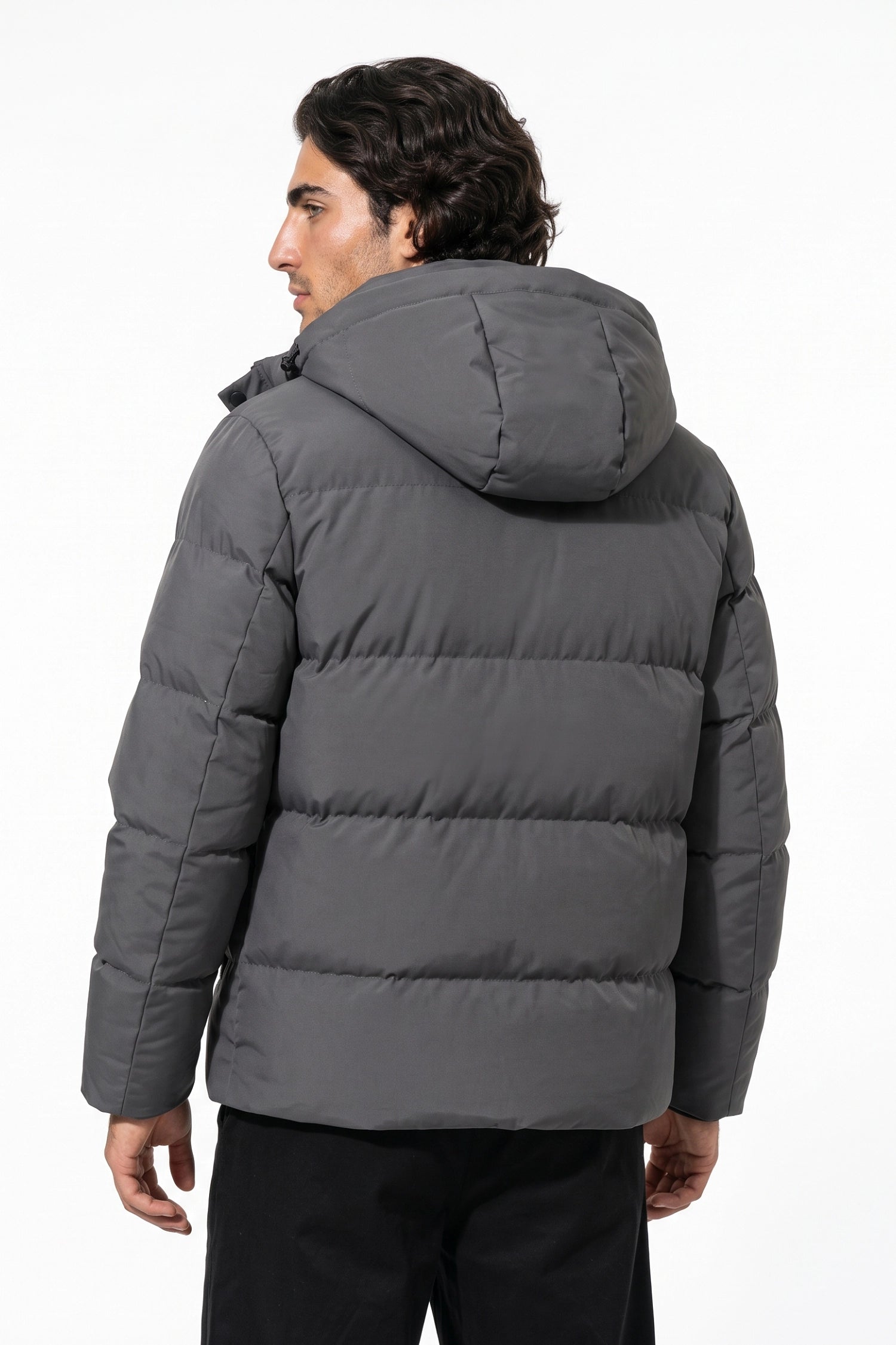 Men’s Winter Warm Grey Fleece Lined Puffer Jacket with Hood