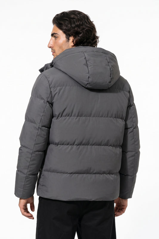 Men’s Winter Warm Grey Fleece Lined Puffer Jacket with Hood