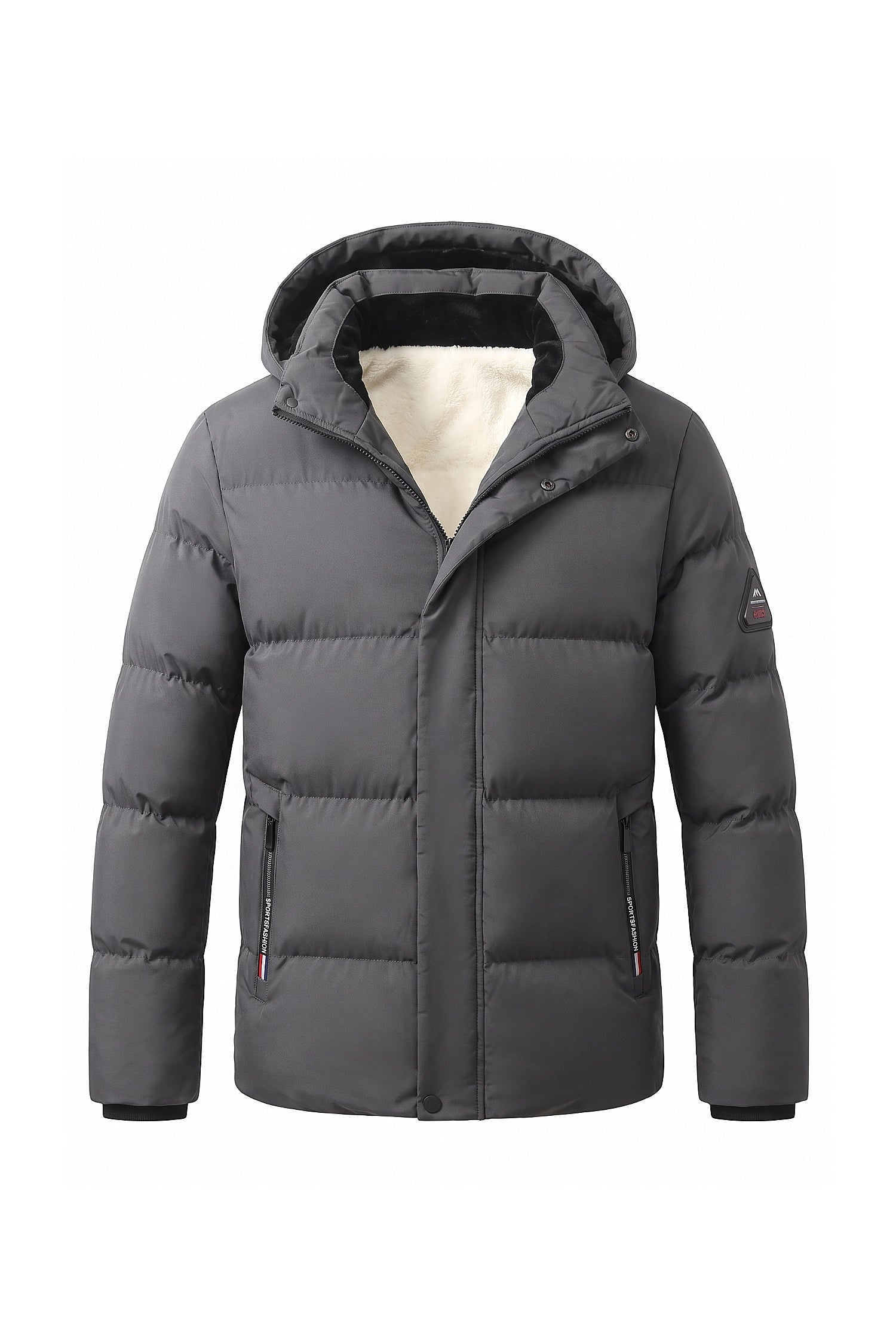 Men’s Winter Warm Grey Fleece Lined Puffer Jacket with Hood