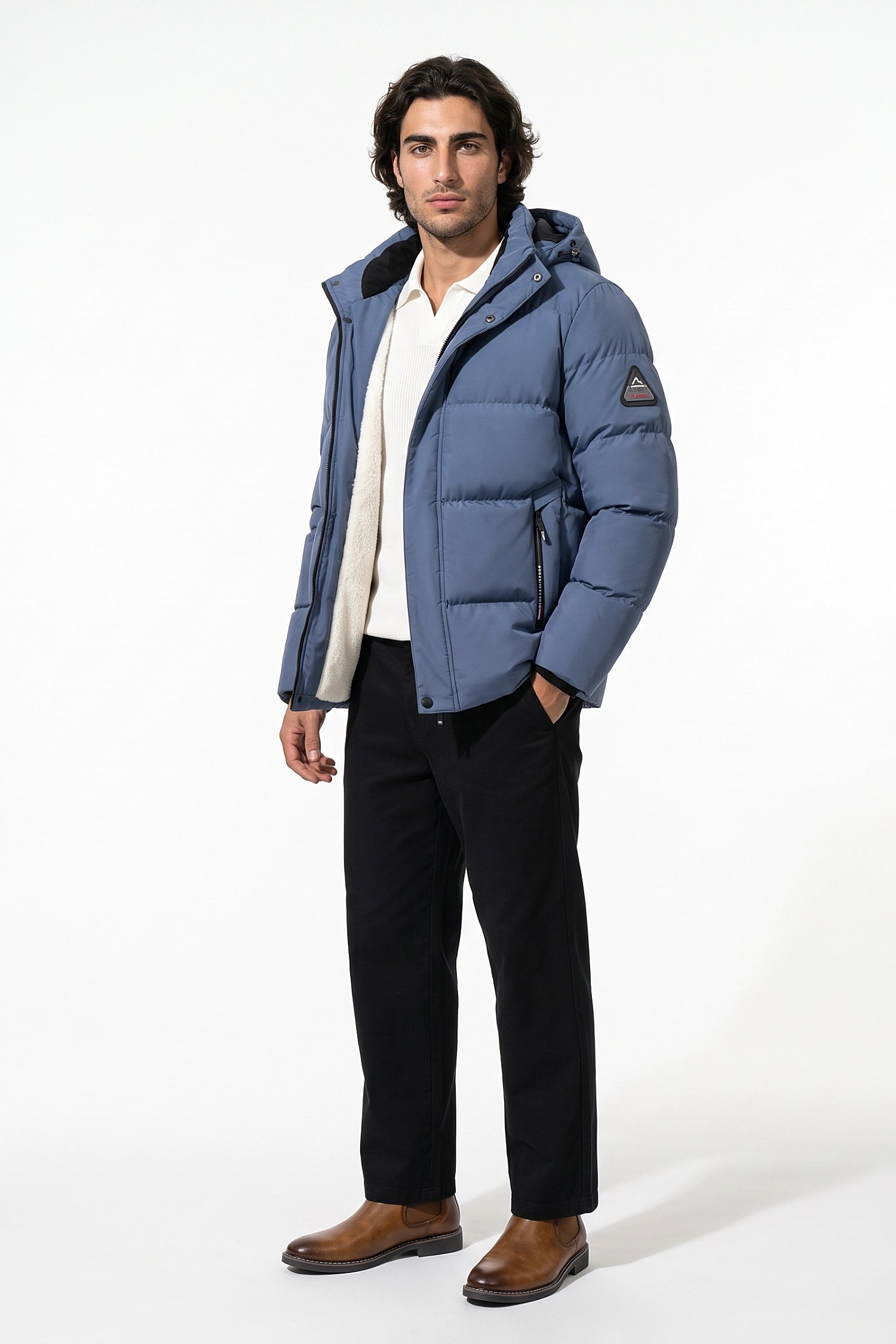 Men’s Winter Warm Light Blue Fleece Lined Puffer Jacket with Hood