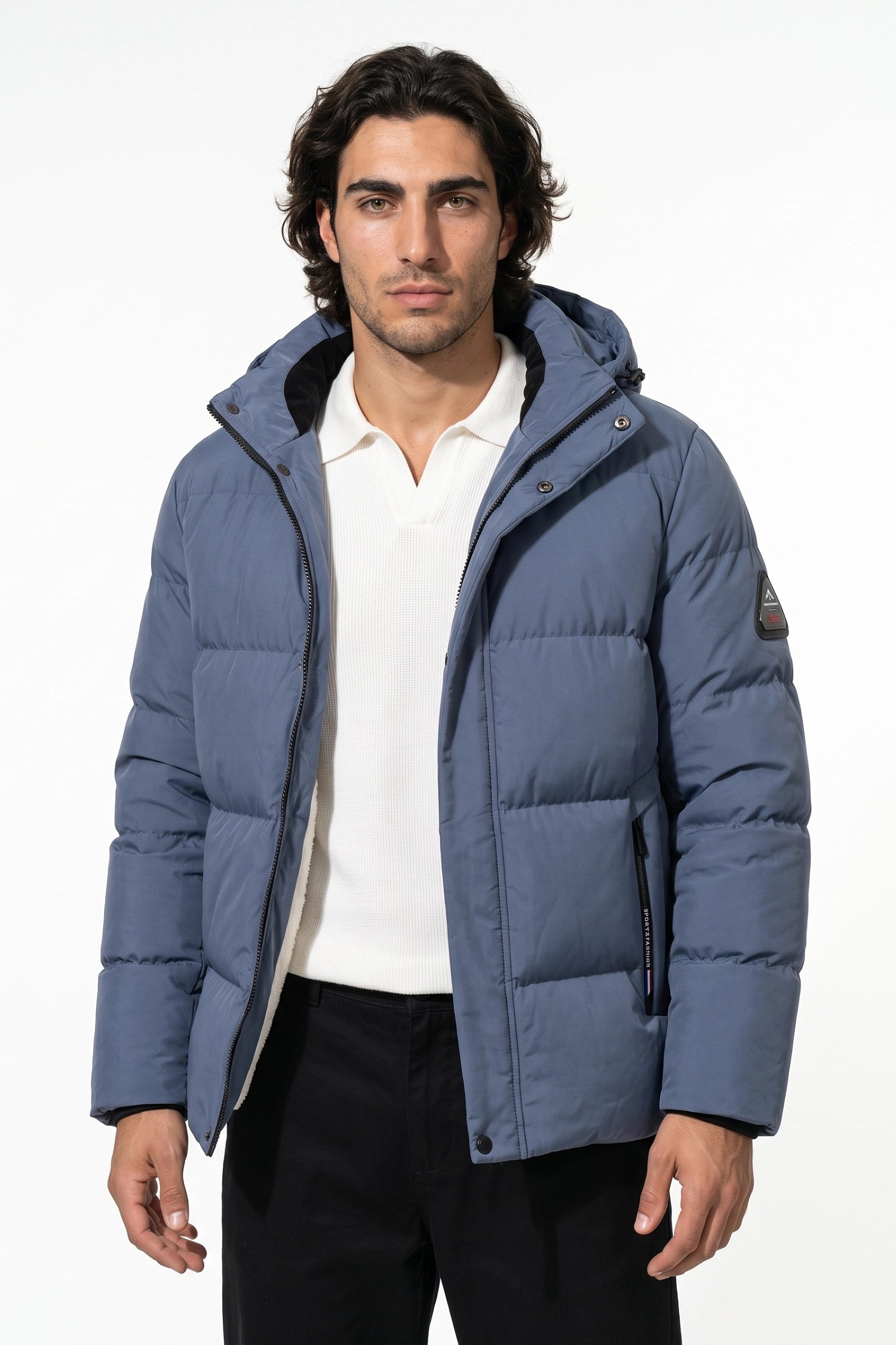 Men’s Winter Warm Light Blue Fleece Lined Puffer Jacket with Hood