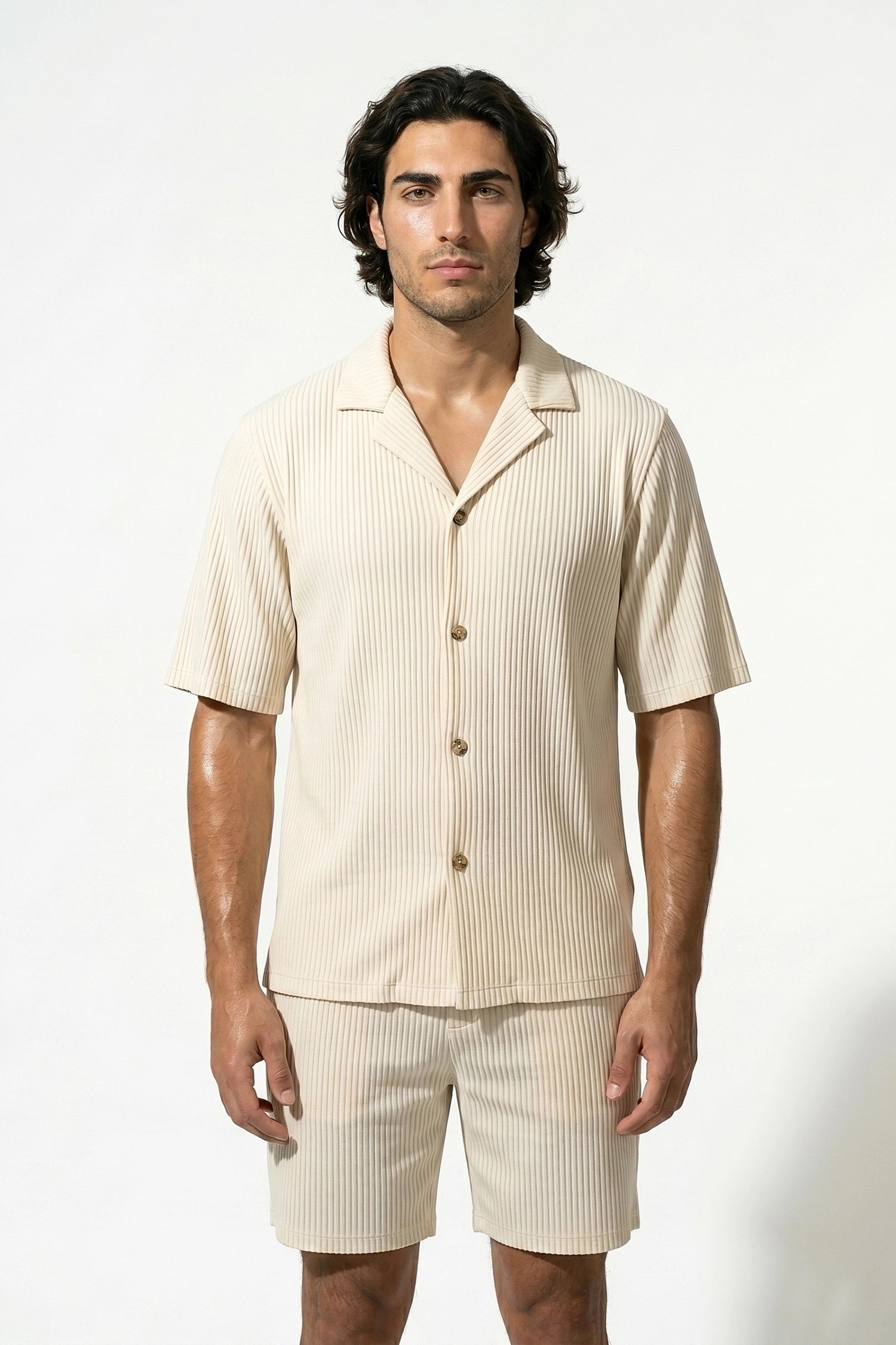 Men's Ribbed Knit Resort Shirt and Shorts set with Camp Collar