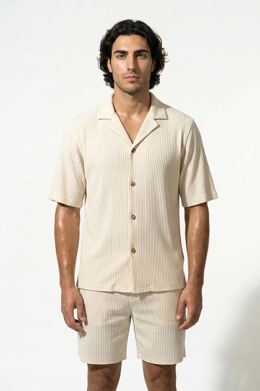 Men's Ribbed Knit Resort Shirt and Shorts set with Camp Collar