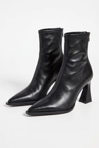 Women's Stylish Leather Ankle Boots Pointed Toe with Flared Block Heel