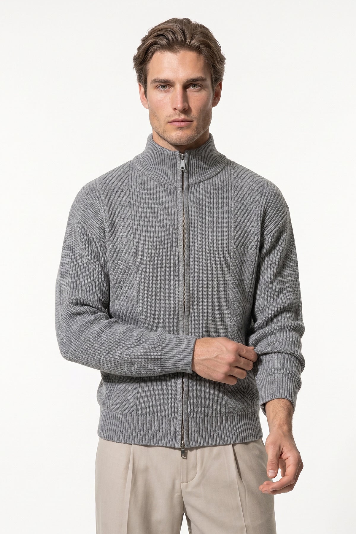 Men’s Winter Warm Textured Knitted Cardigan Stand Collar Full Zip