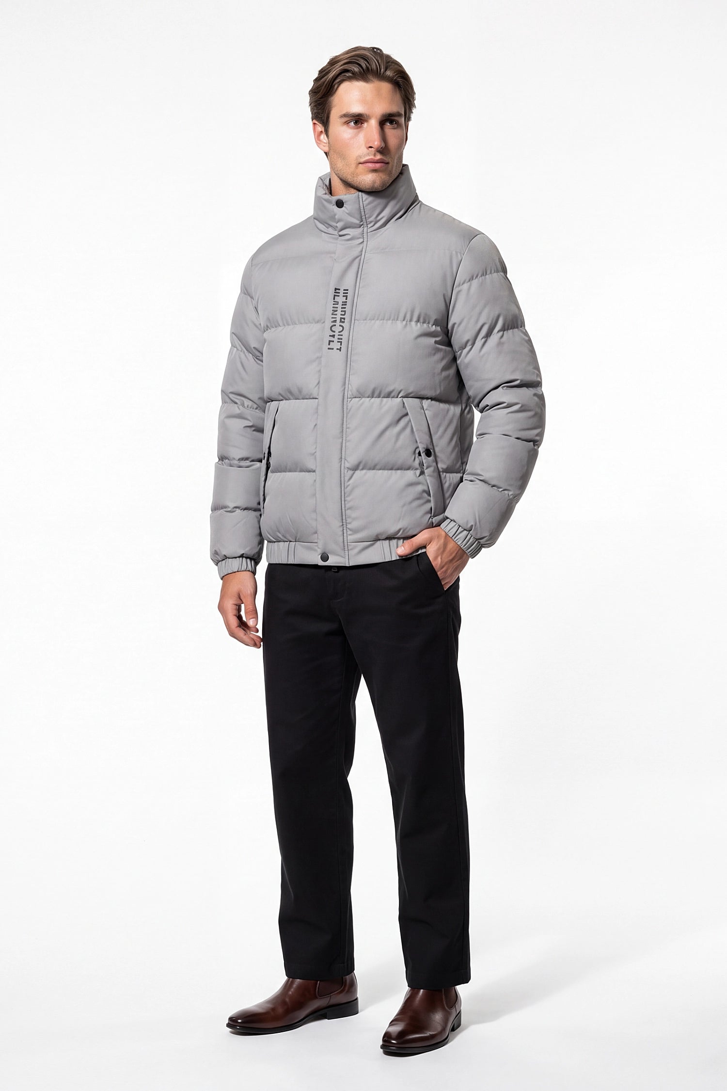 Men’s Winter Warm Light Grey Puffer Jacket with Stand Collar
