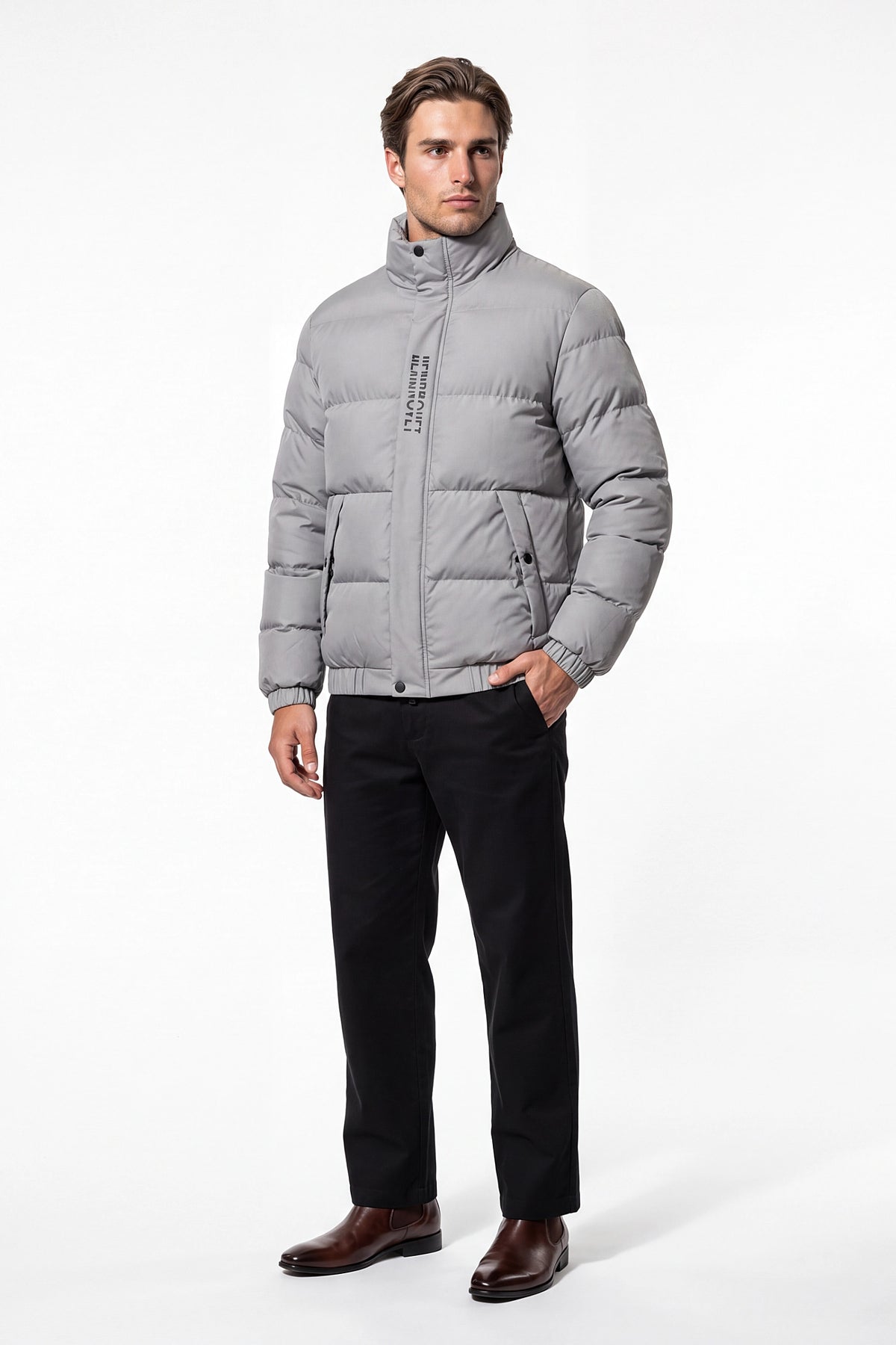 Men’s Winter Warm Light Grey Puffer Jacket with Stand Collar