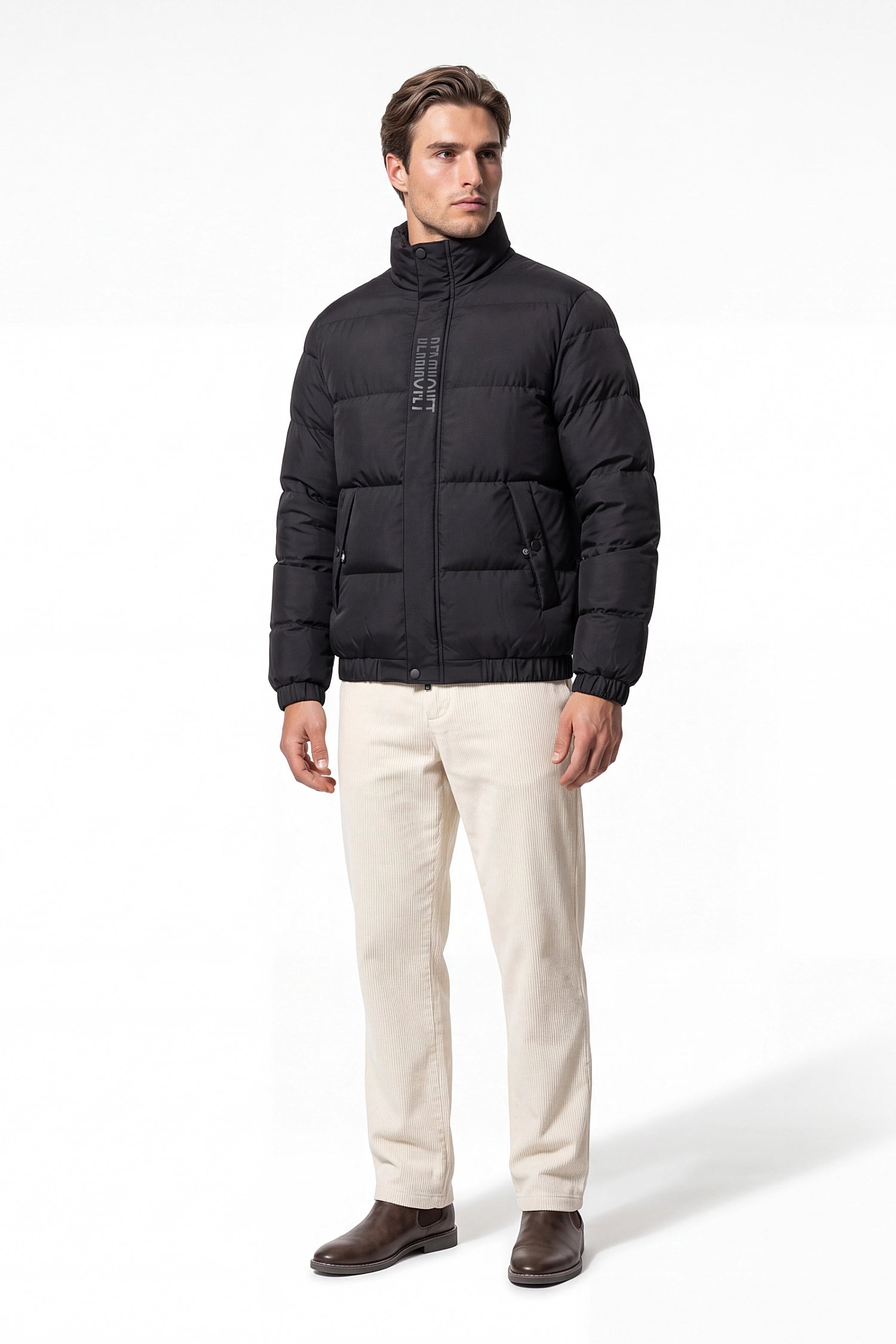 Men’s Winter Warm Black Puffer Jacket with Stand Collar