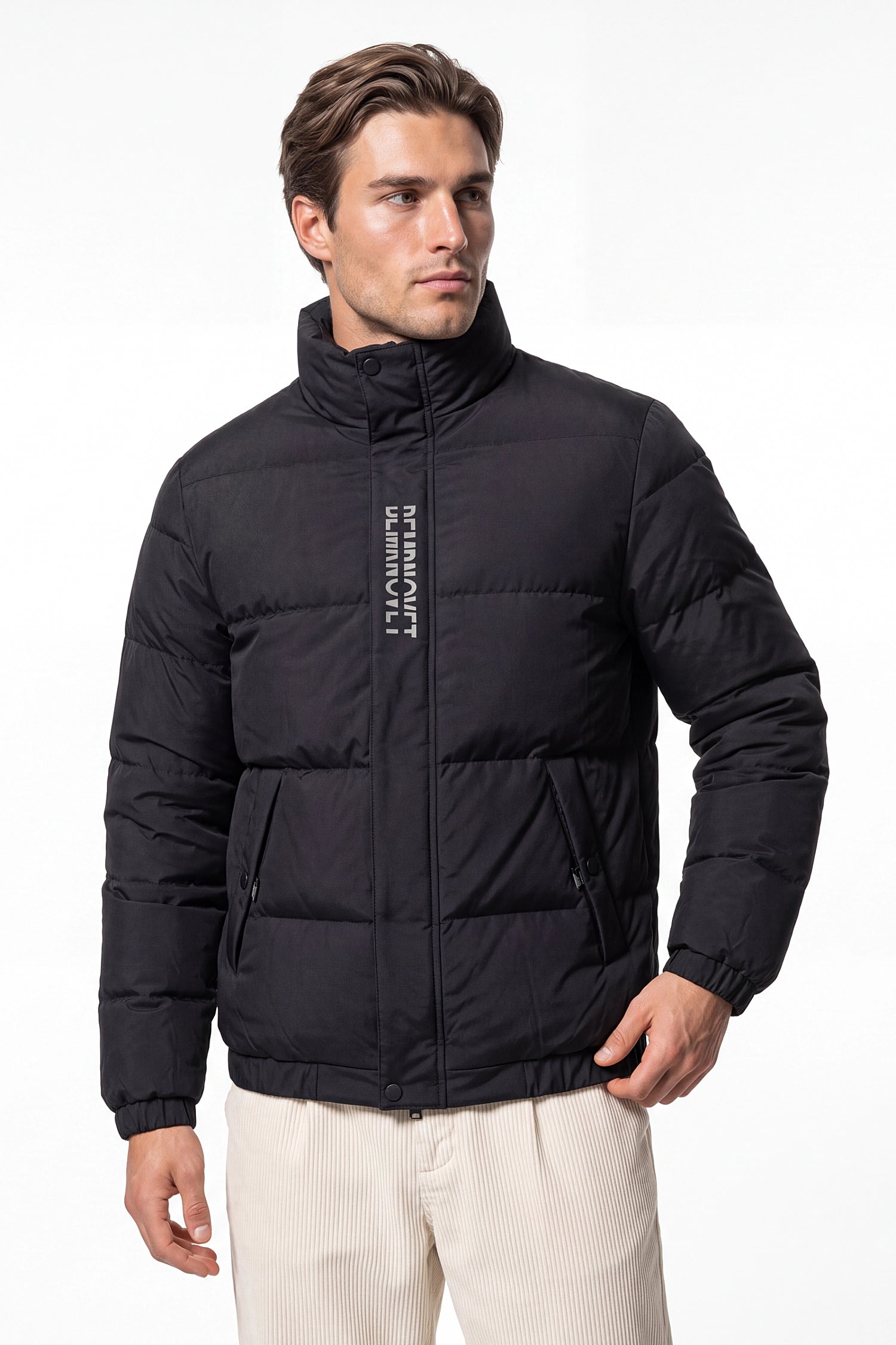 Men’s Winter Warm Black Puffer Jacket with Stand Collar