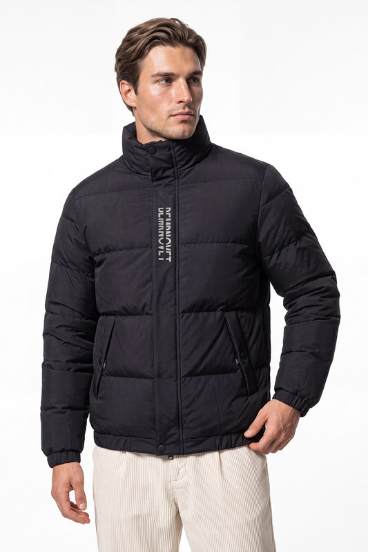 Men’s Winter Warm Black Puffer Jacket with Stand Collar