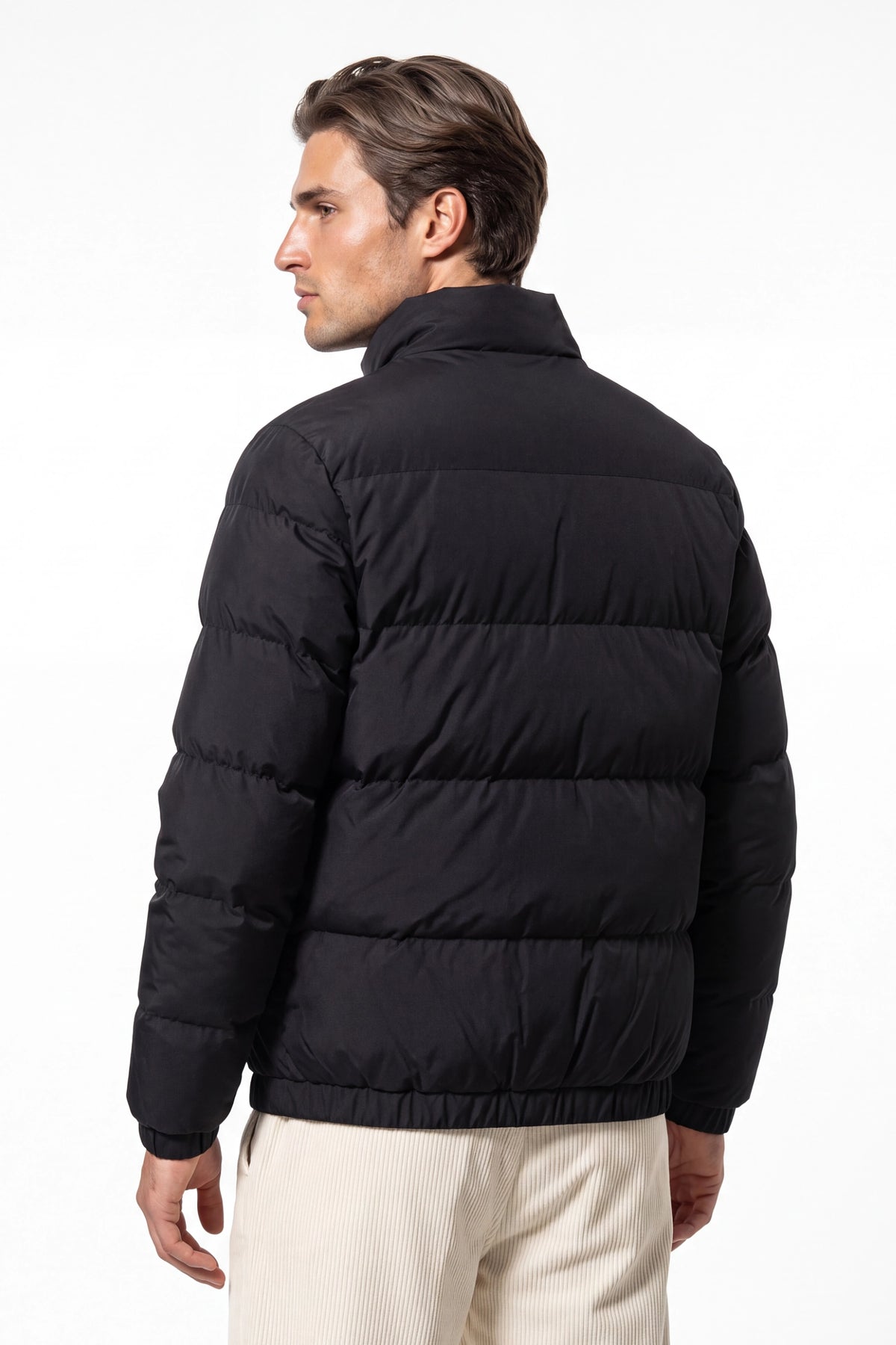 Men’s Winter Warm Black Puffer Jacket with Stand Collar