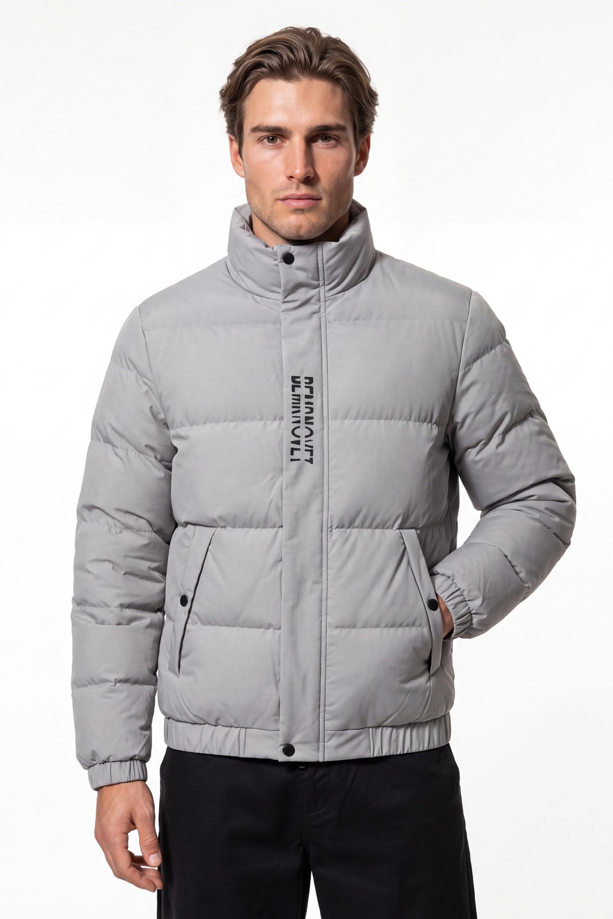 Men’s Winter Warm Light Grey Puffer Jacket with Stand Collar