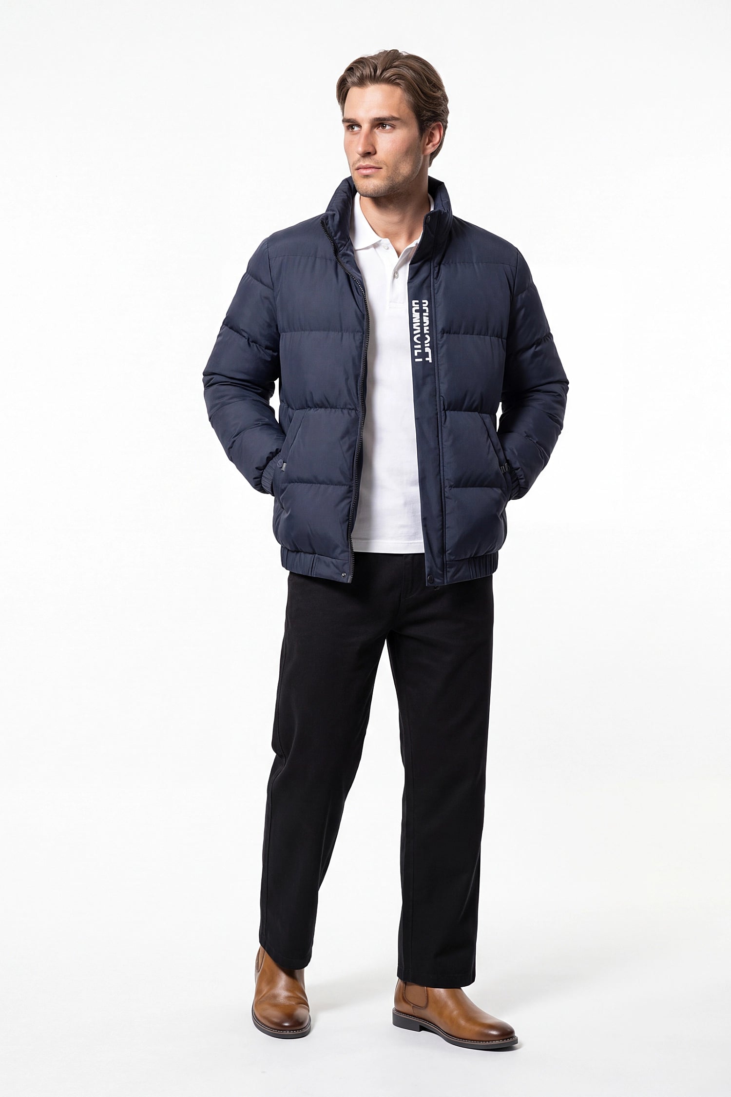 Men’s Winter Warm Navy Blue Puffer Jacket with Stand Collar