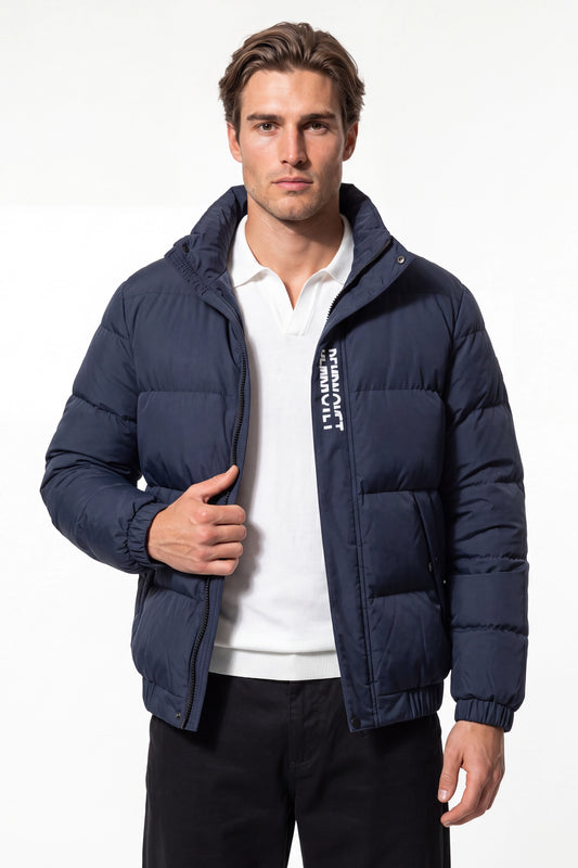 Men’s Winter Warm Navy Blue Puffer Jacket with Stand Collar